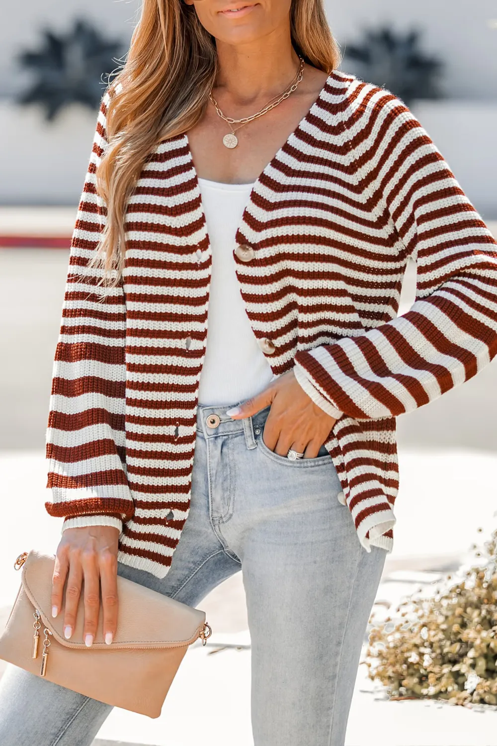 Striped V-Neck Buttoned Cardigan