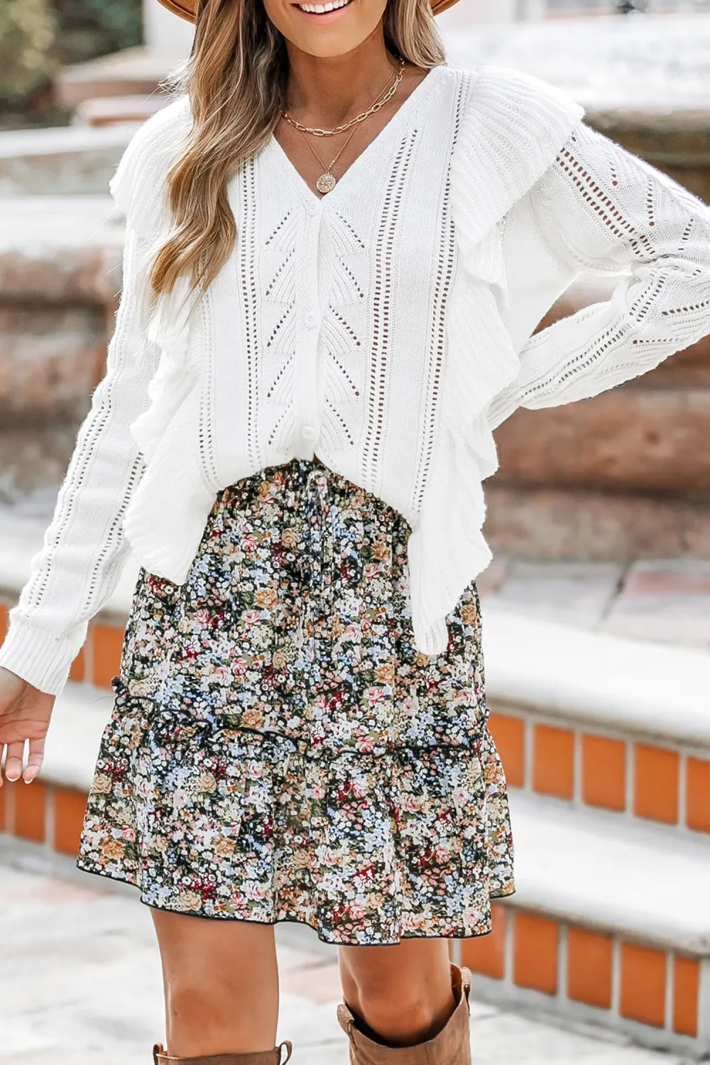 Cutout Ruffled Button-Front Cardigan