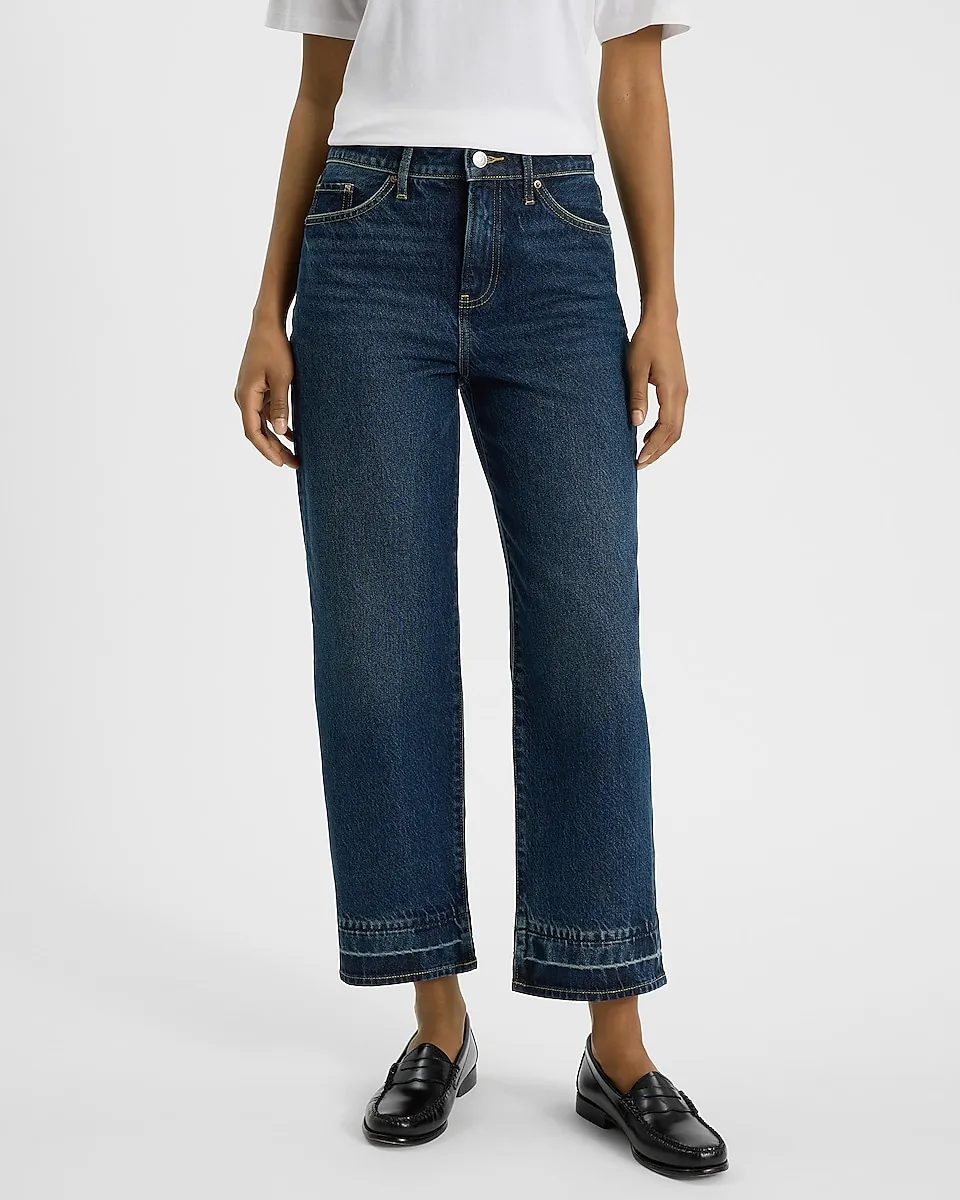 High Waisted Medium Wash 50/50 Rigid Stretch Relaxed Straight Ankle Jeans