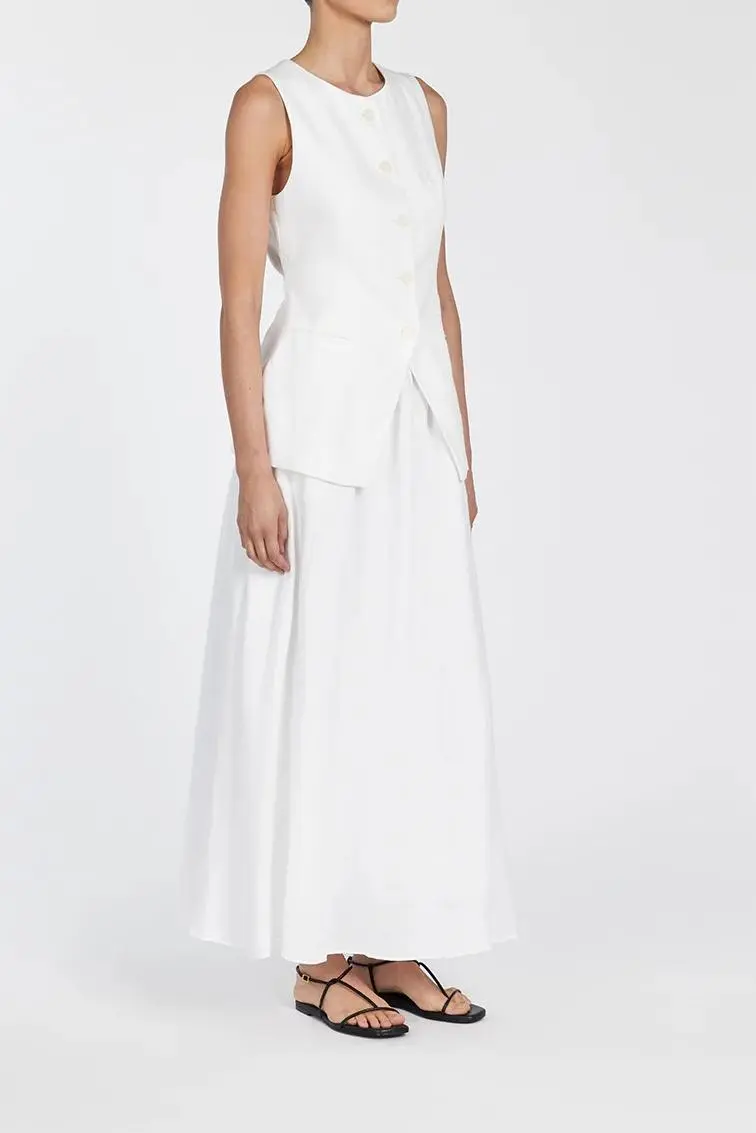 GEMIMA WHITE LINEN MIDI SKIRT