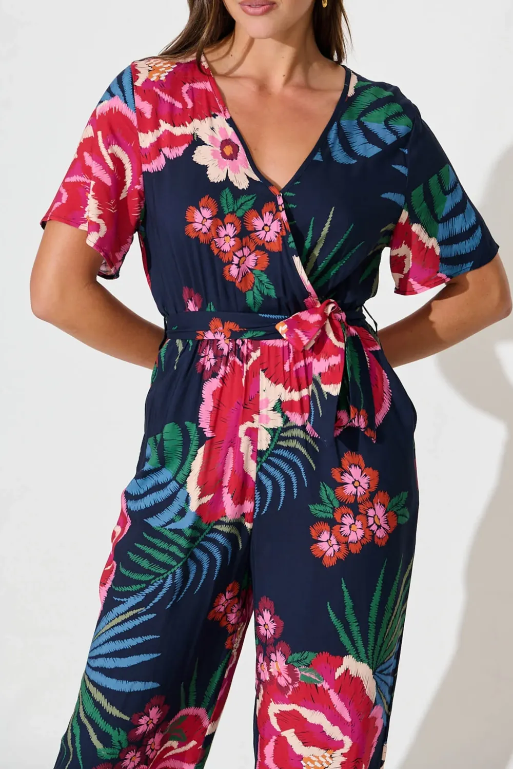 Navy Blue Floral Print Wrap Style Jumpsuit