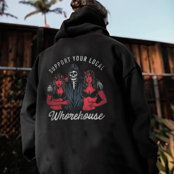Skull And Sexy Lady Support Your Local Printed Reaper Hoodie