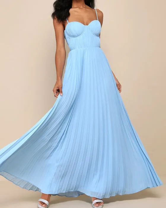 Admirable Elegance Light Blue Pleated Bustier Maxi Dress