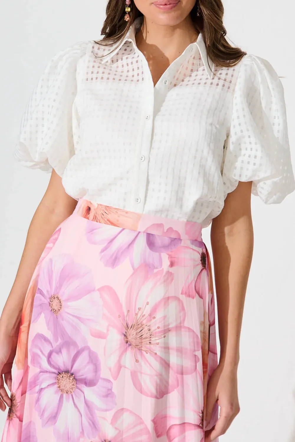 White Eyelet Puff Sleeve Button Up Shirt