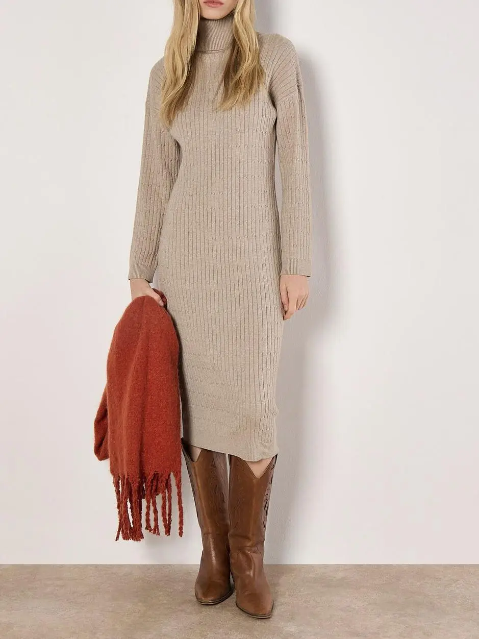 Roll Neck Kntted Midi Dress