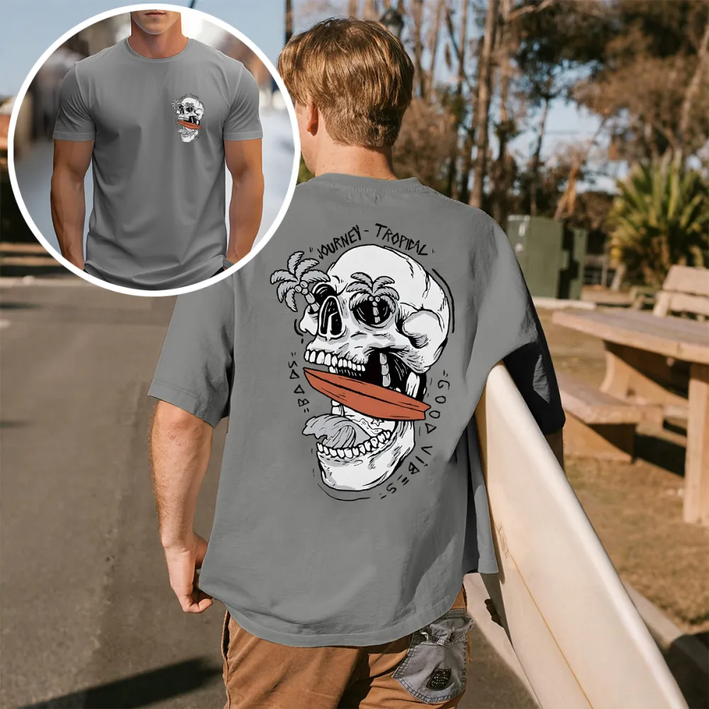 Men'S Letter & Skull Graphic Round Neck Short Sleeve Casual T-Shirt