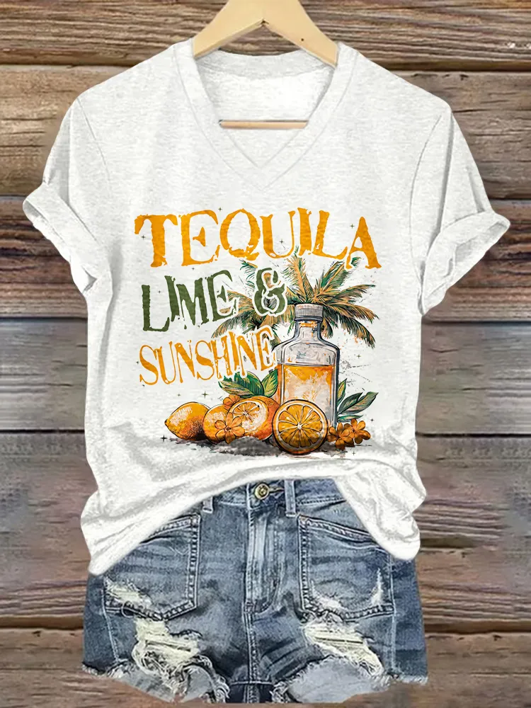 Women's Tequila Short Sleeves V-Neck Pure Cotton T-Shirt