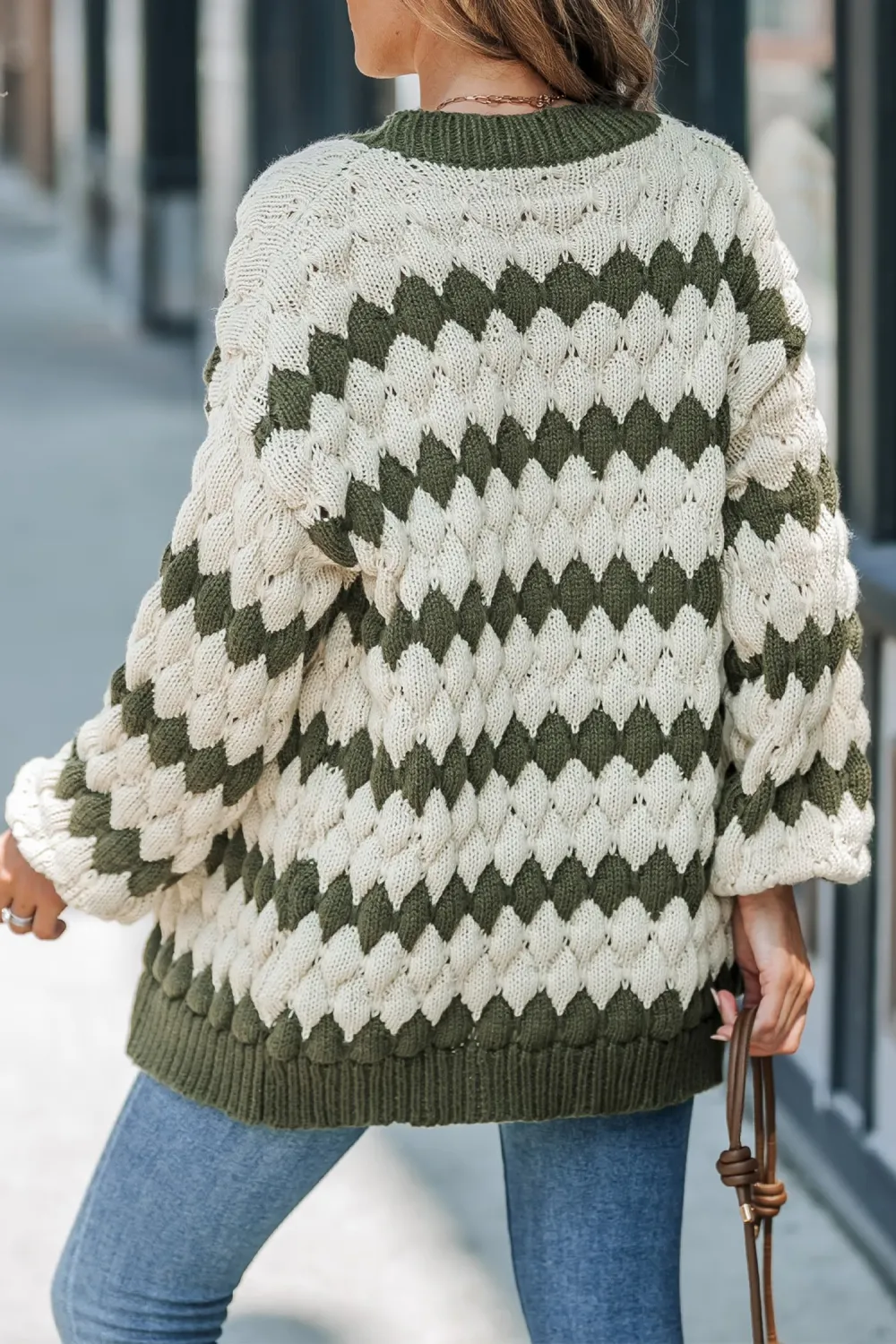 Green & White Stripe Open Front Puff Sleeve Cardigan