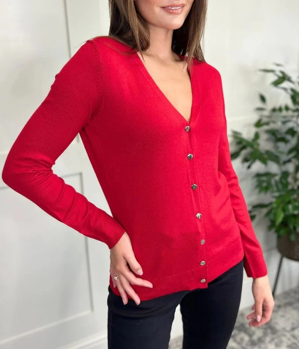 Red V Neck Button Cardigan