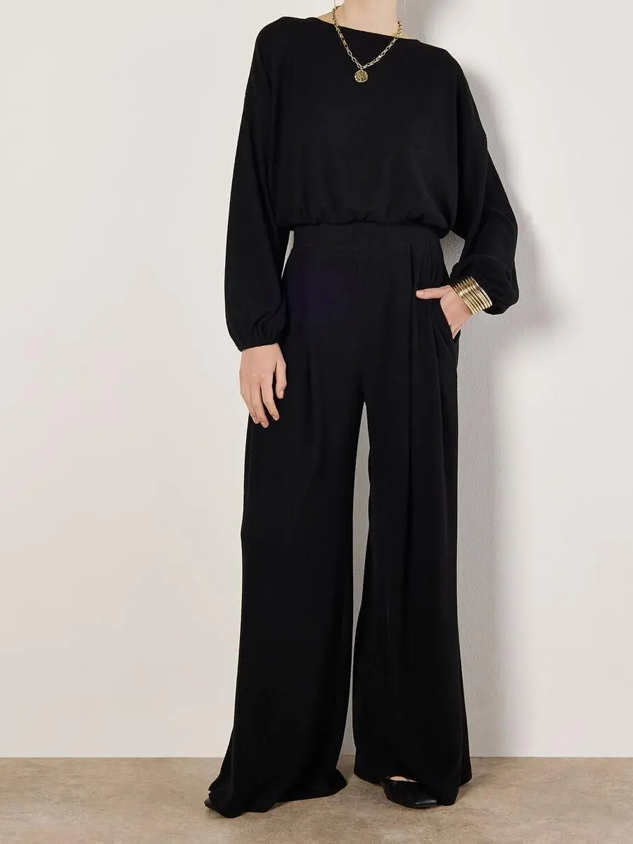 Ribbed Knit Wide Leg Trousers