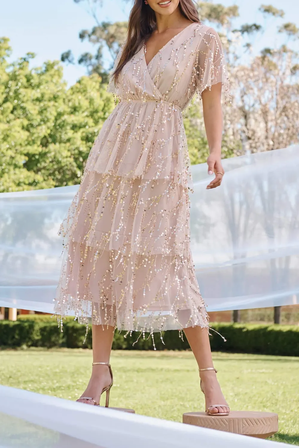 Light Pink Beaded Tiered Midi Dress