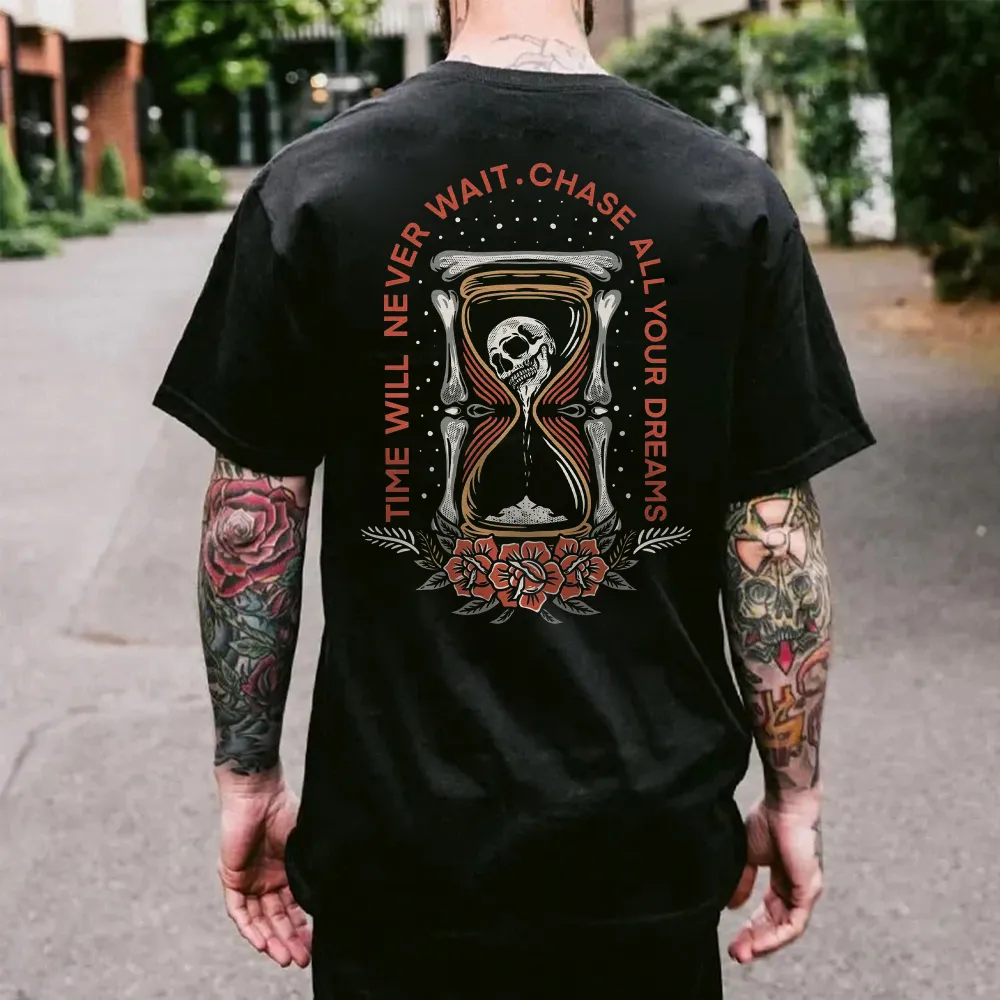 Time Will Never Wait Chase All Your Dreams Skull Printed Men's T-shirt