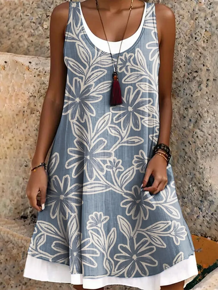 Women's Vacation Casual Loose Splicing Flowers Art Print Dress