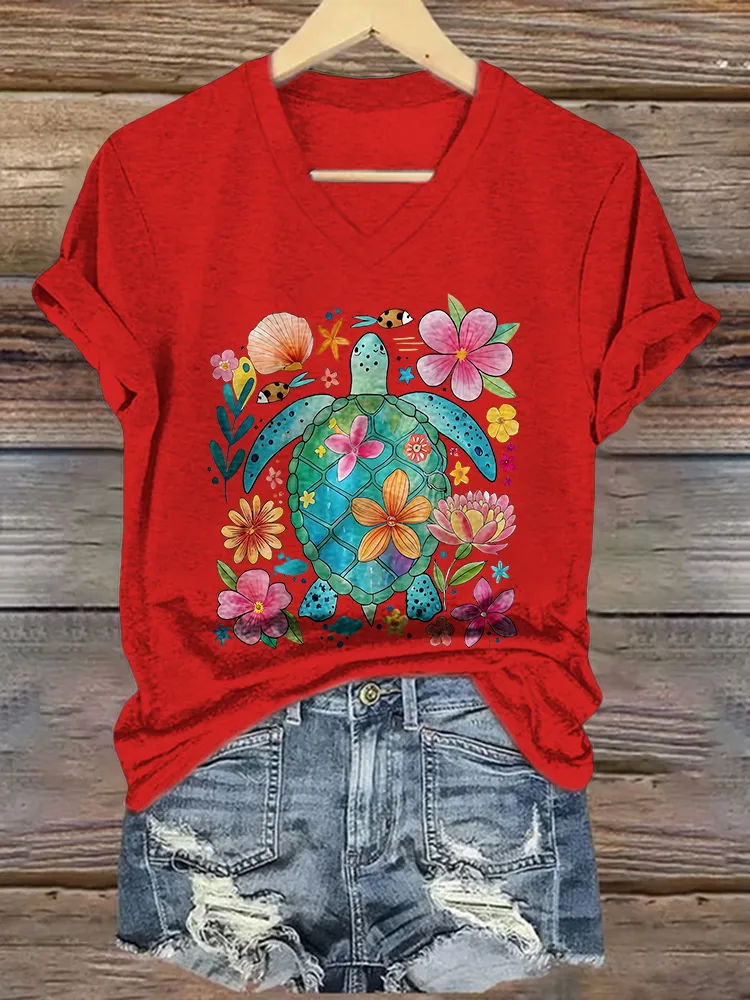 Women's The Sea Turtles Short Sleeves V-Neck Pure Cotton T-Shirt