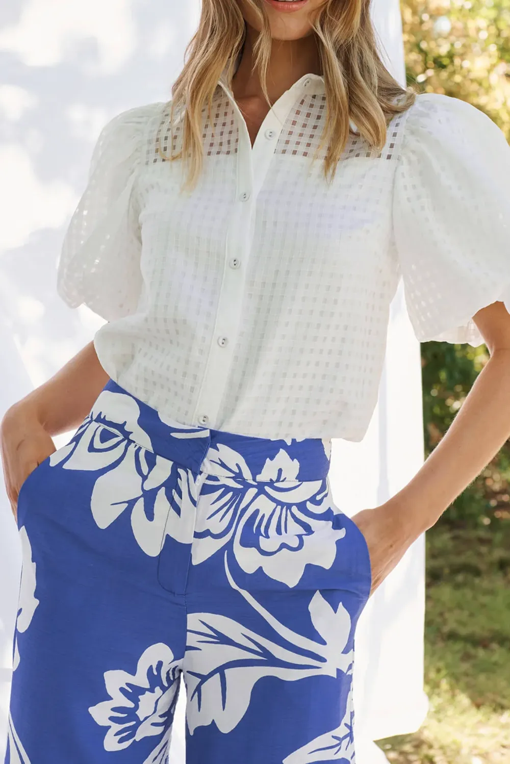 White Eyelet Puff Sleeve Button Up Shirt