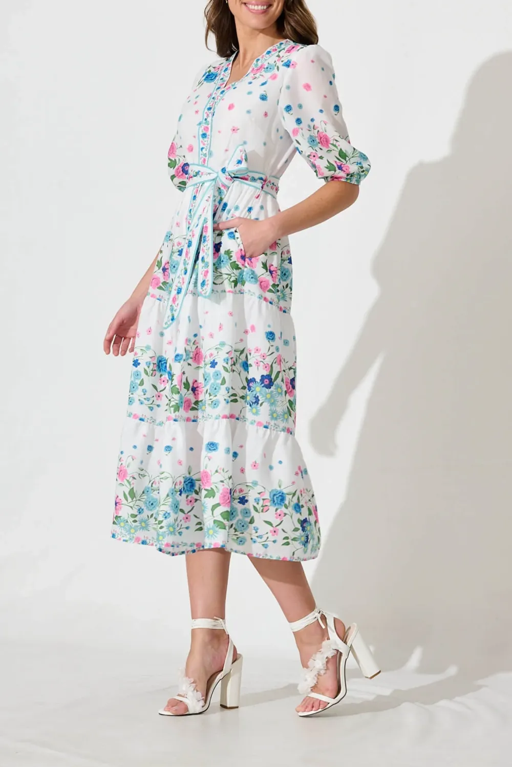 White Floral Print Tiered Midi Dress
