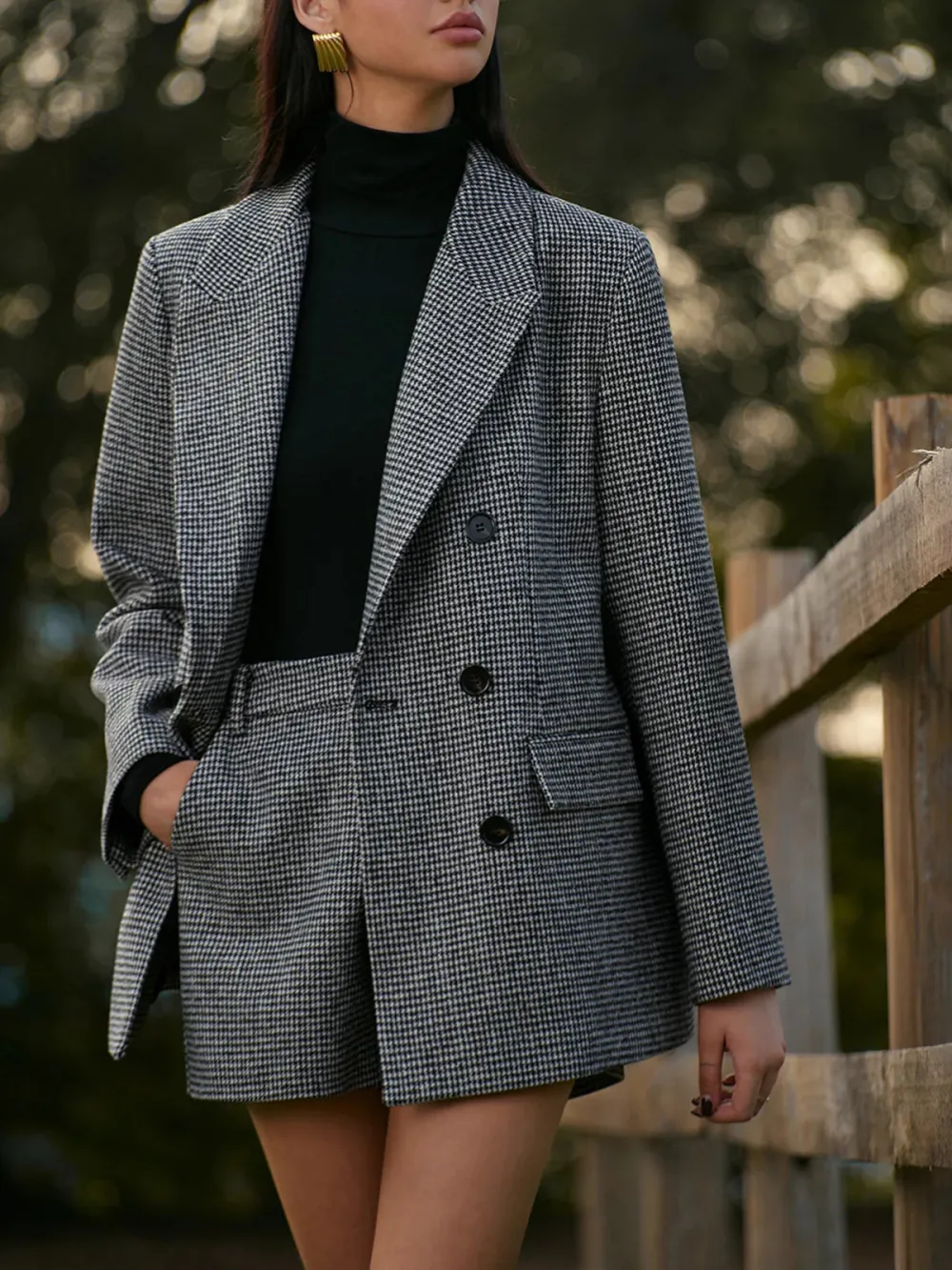 Tweed Houndstooth Button Up Blazer
