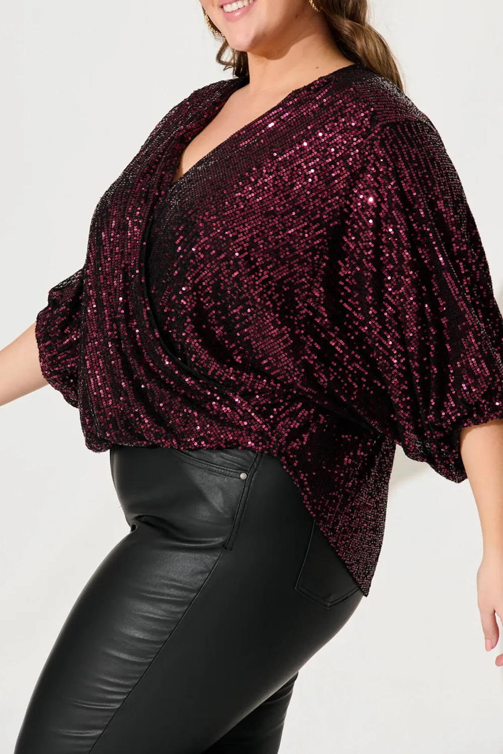 Burgundy Sequin Wrap Style Party Top