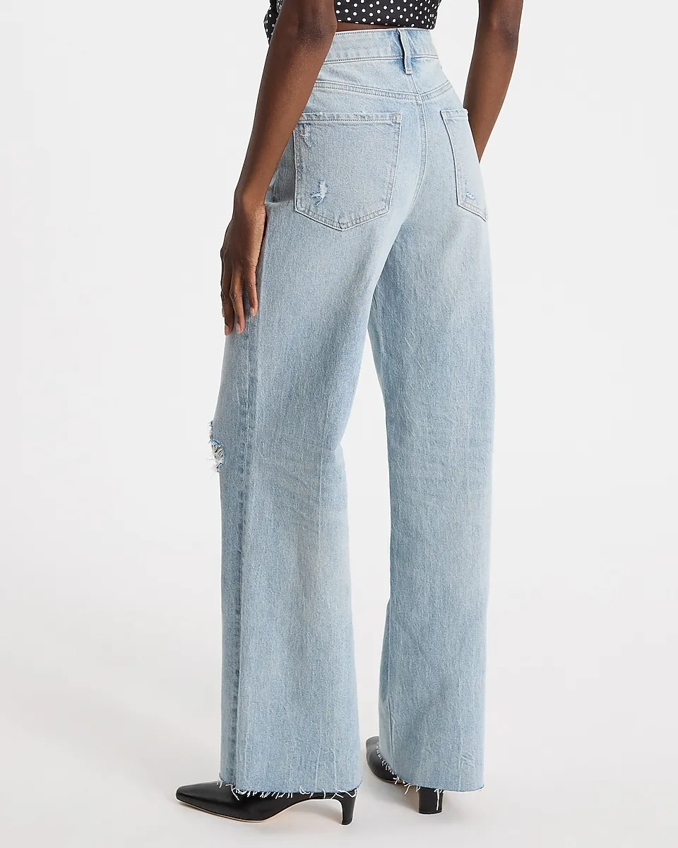 High Waisted Light Wash 50/50 Rigid Stretch Ripped Wide Leg Jeans