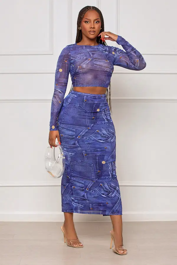 Blue Jean Babe Denim Print Skirt Set (Blue)- FINAL SALE
