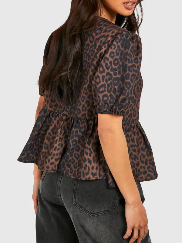 LEOPARD PUFF SLEEVE BOW TIE TOP