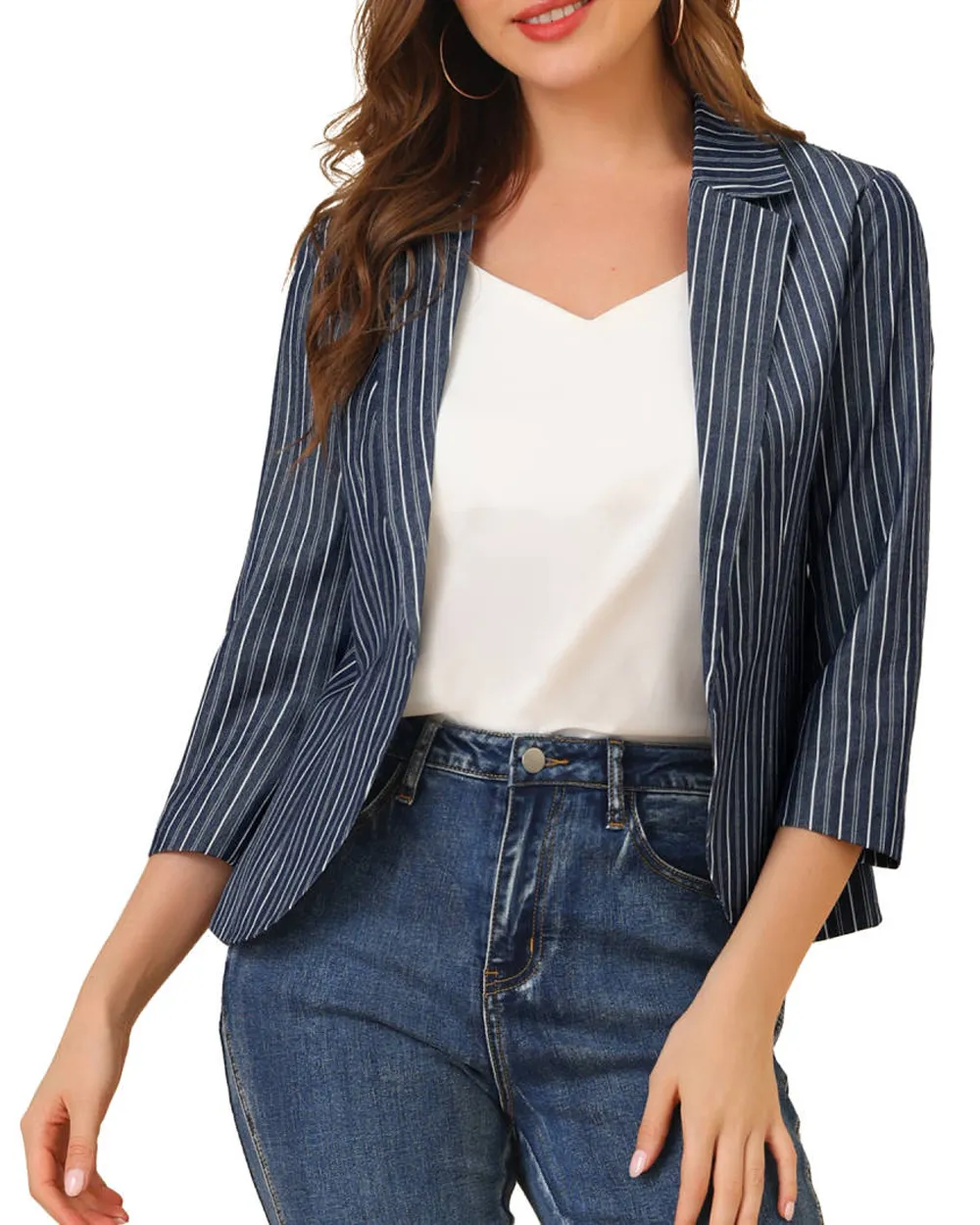 Allegra K- Striped 3/4 Sleeves Open Front Notched Lapel Blazer