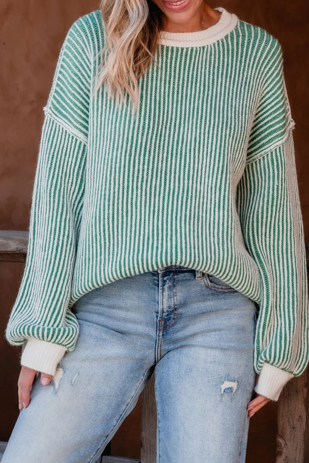 Green Striped Seam Detail Sweater