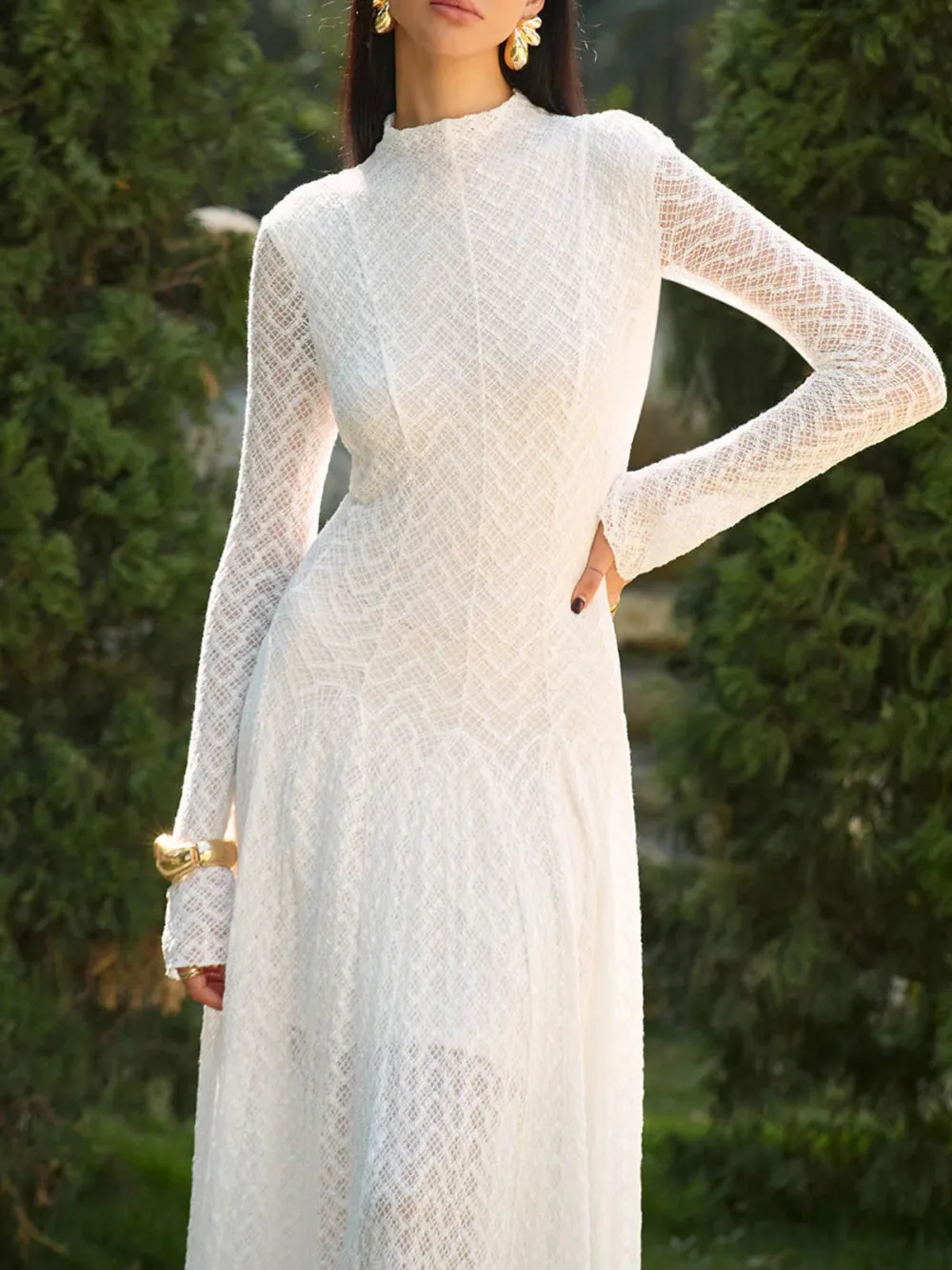 Lace Mock Neck Long Sleeve Dress