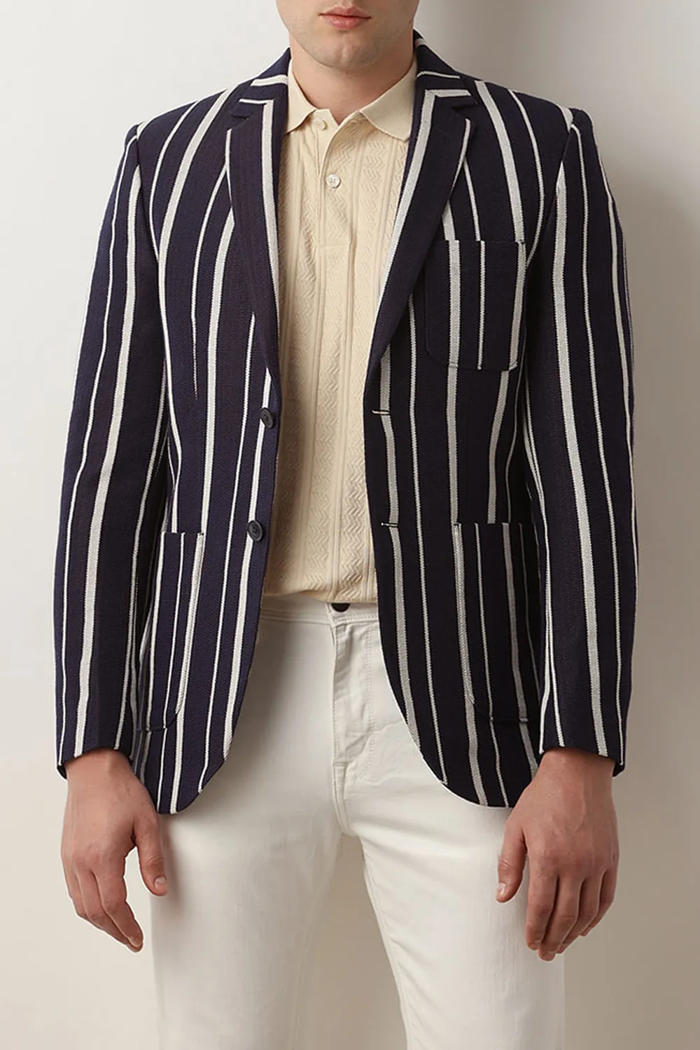 Navy Blue Striped Casual Blazer