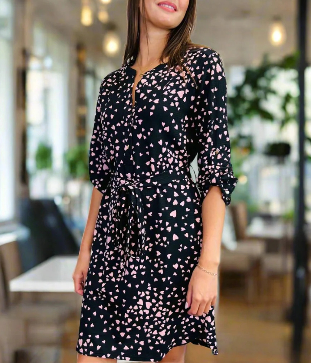 Pink Heart Print Belted Shirt Dress