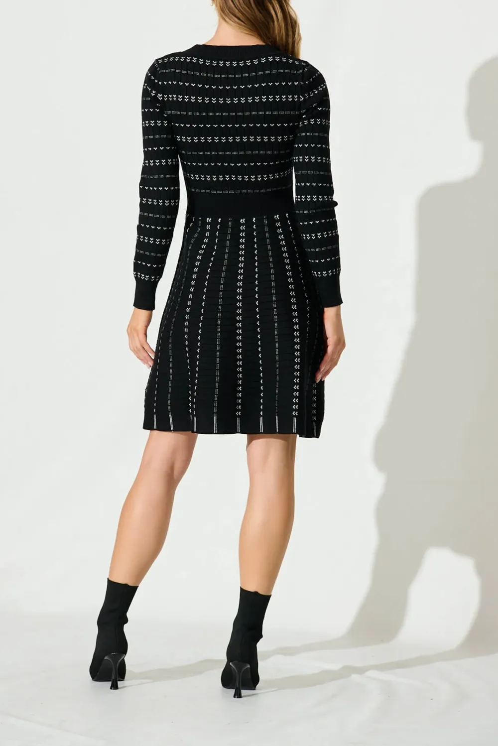 Black Patterned Long Sleeve Knit Dress