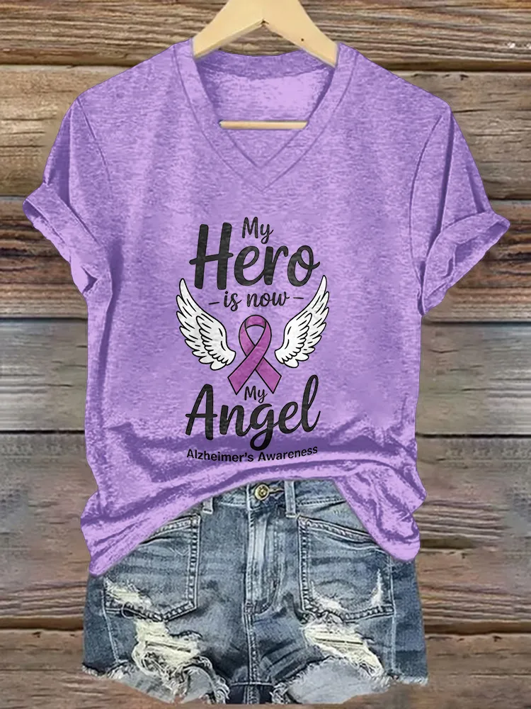 Women'S My Here Is Now My Angel Alzheimer'S Awareness V-Neck T-Shirt