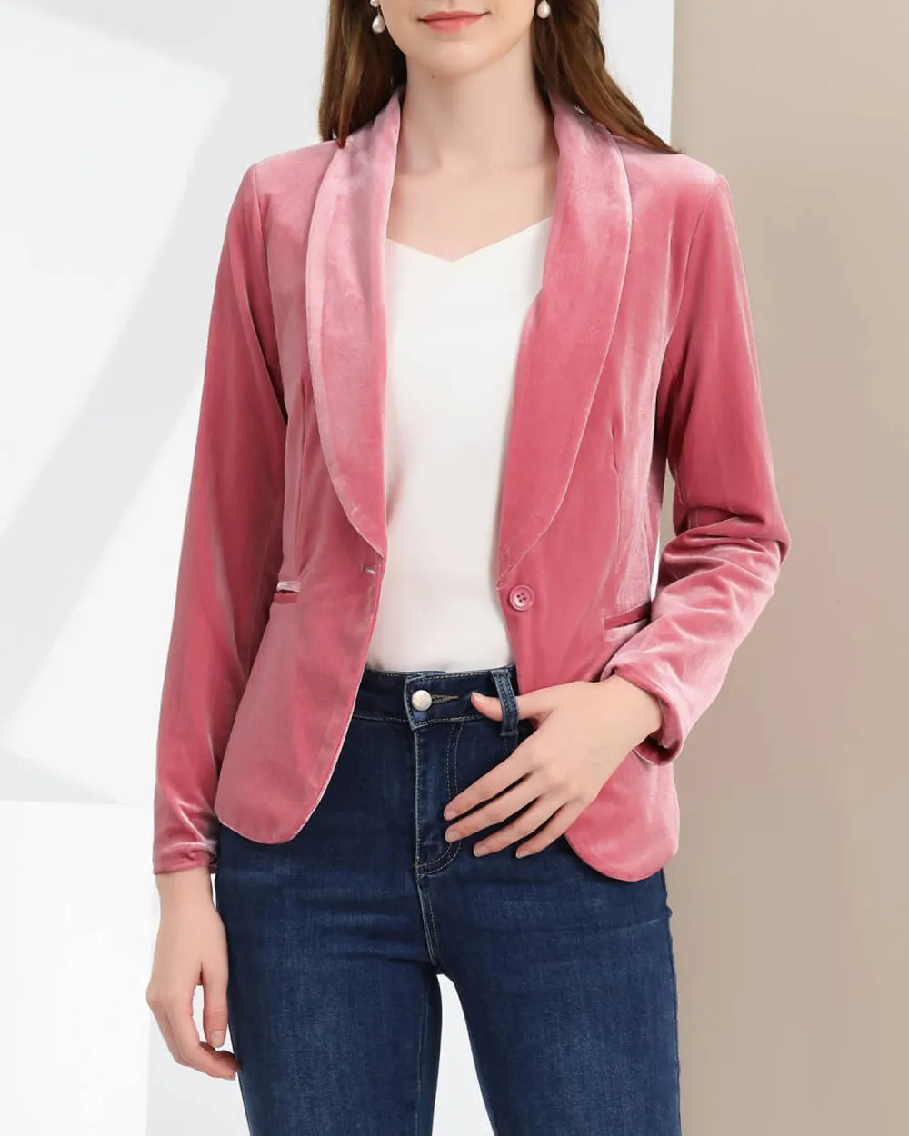 Allegra K- Shawl Collar One Button Velvet Blazer