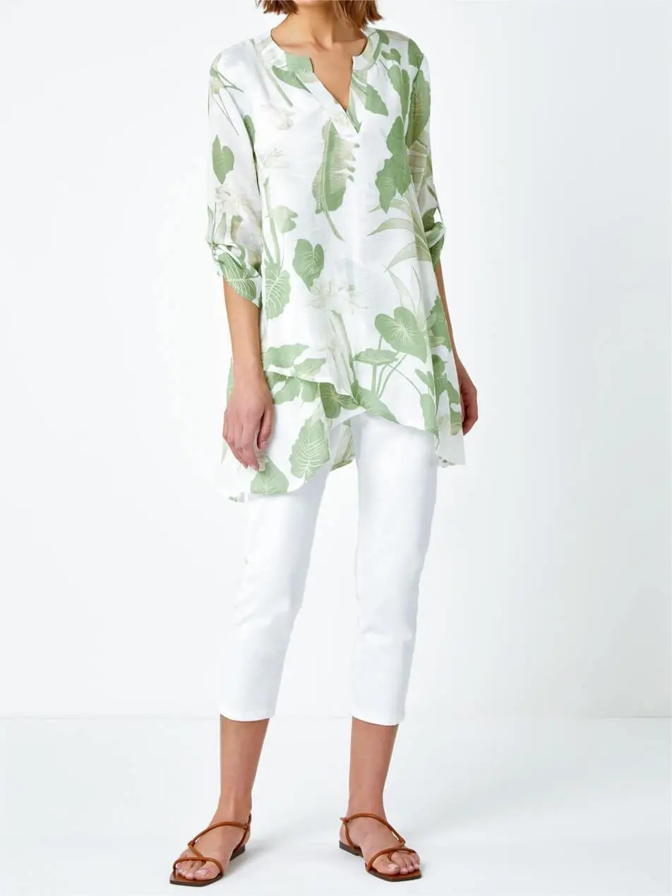 Green Palm Print Wrap Hem Tunic Top