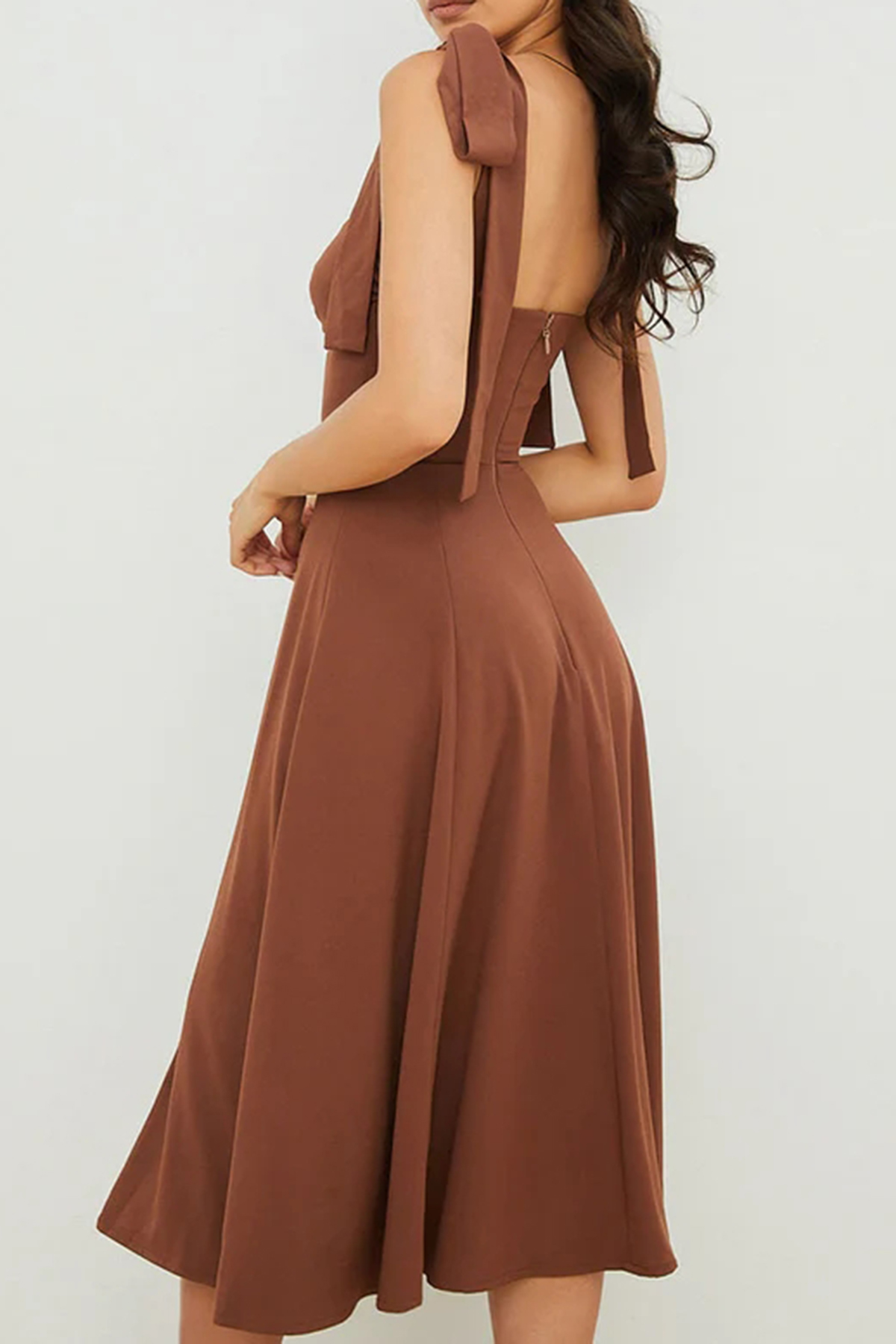 Tie Strap Fit & Flare High Slit Slip Midi Dress - Chocolate