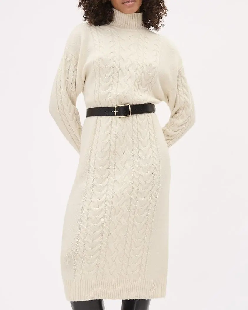 Long-Sleeve Turtle-Neck Straight Midi Dress With Cable Stitches