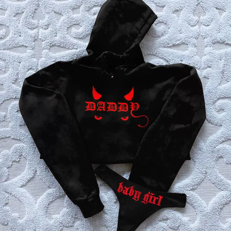Daddy Baby Girl Printed Women's Cropped Hoodie & Thong Sets