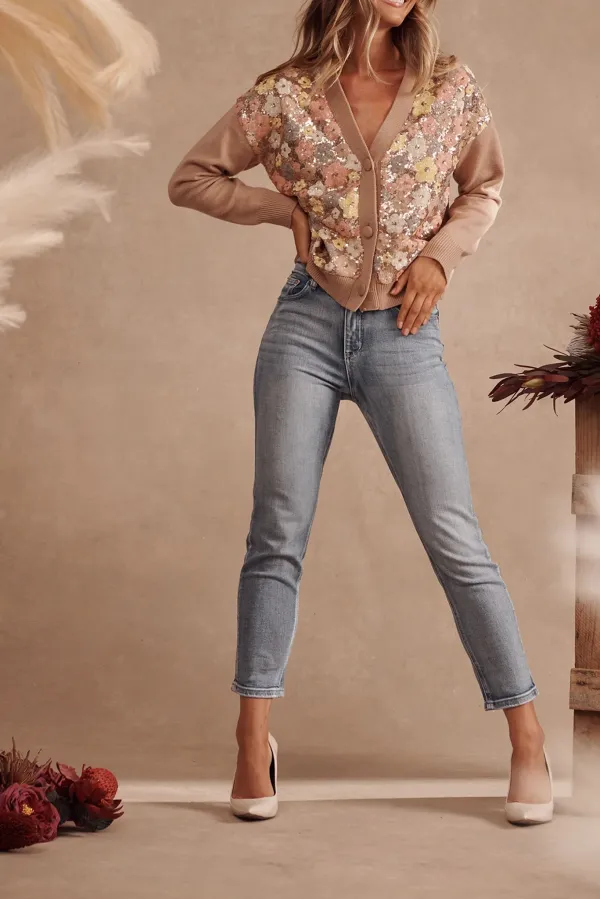Brown Floral Sequined Cardigan