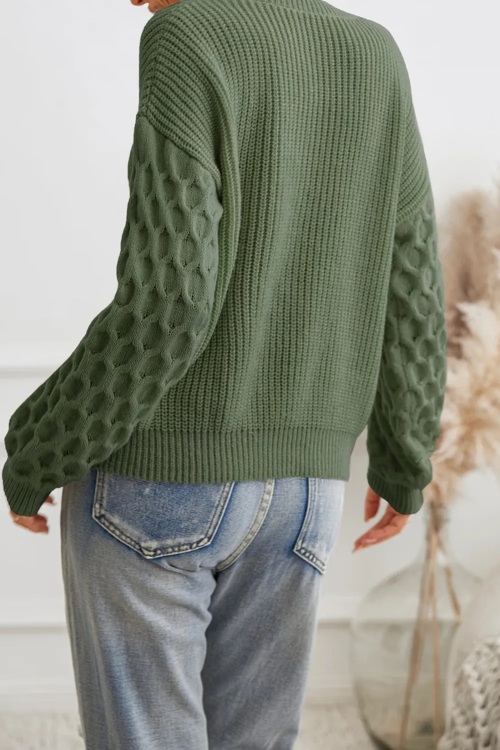 Green Honeycomb Puff Sleeve Sweater