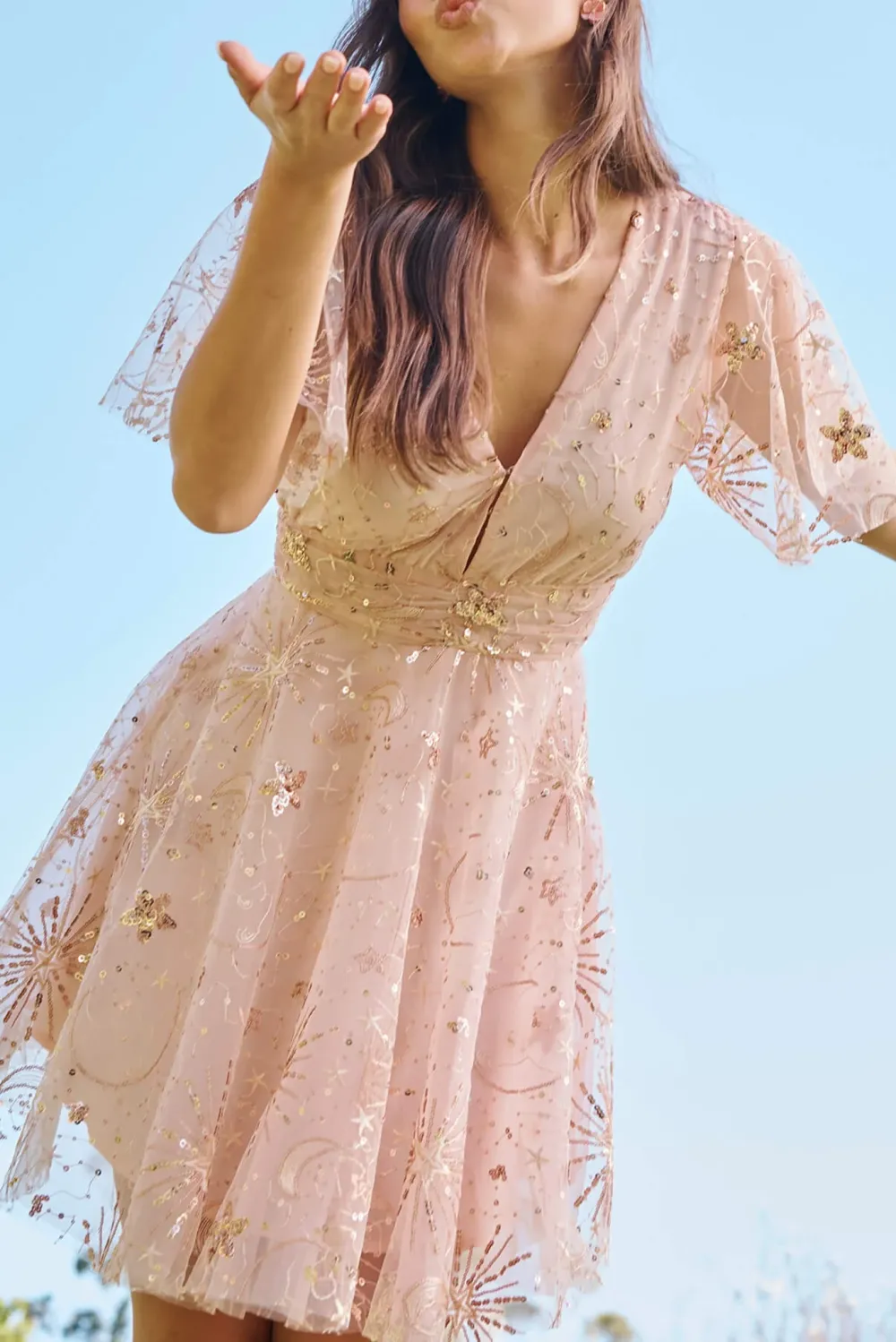 Pink Sequin Embroidered Mini Dress