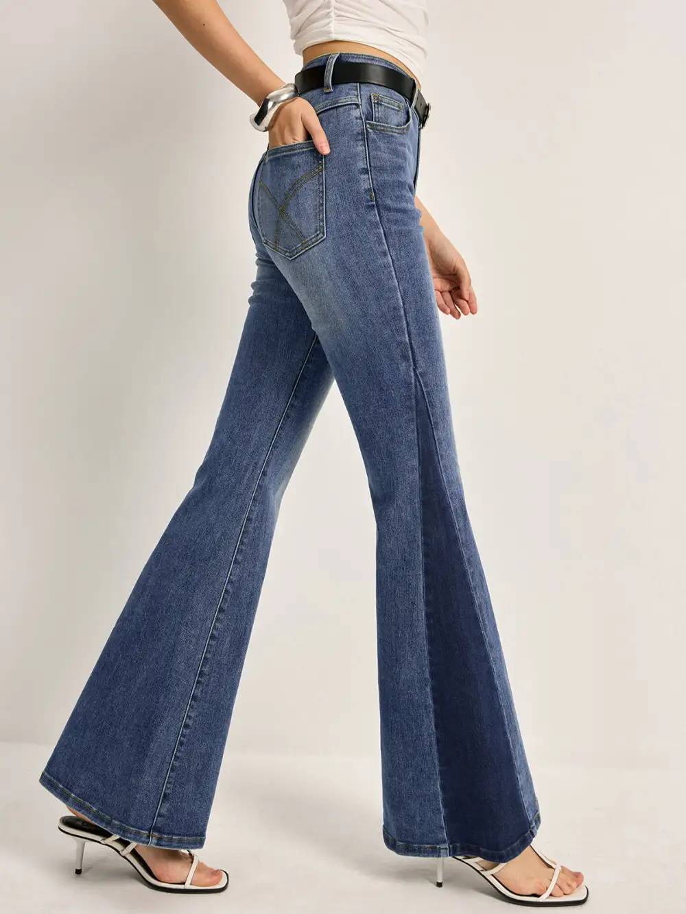 Color Block Flared Jeans With Pockets