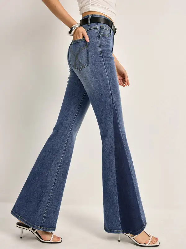 Color Block Flared Jeans With Pockets