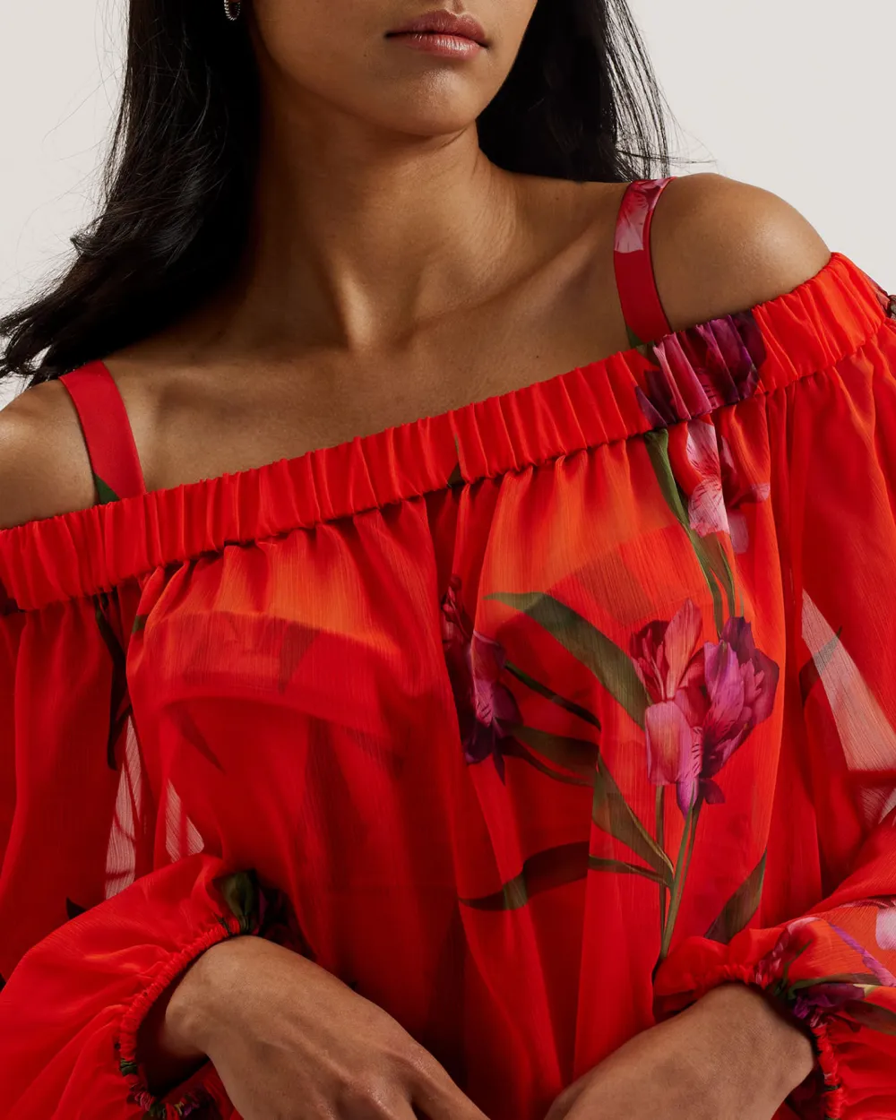 Ariizon Floral Bardot Beach Cover Up Brt-Red