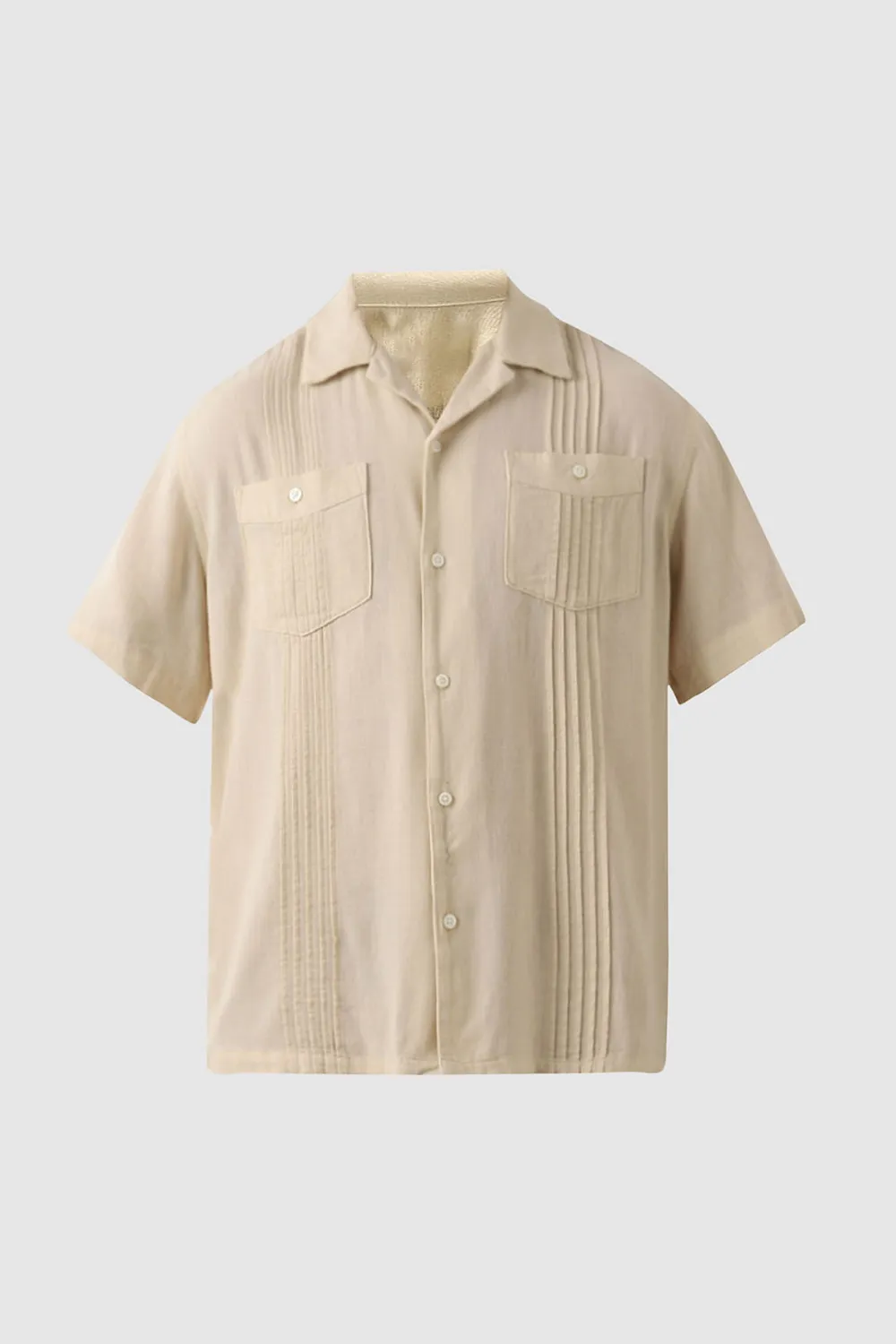 Beige Cuban Collar Short Sleeves Shirt