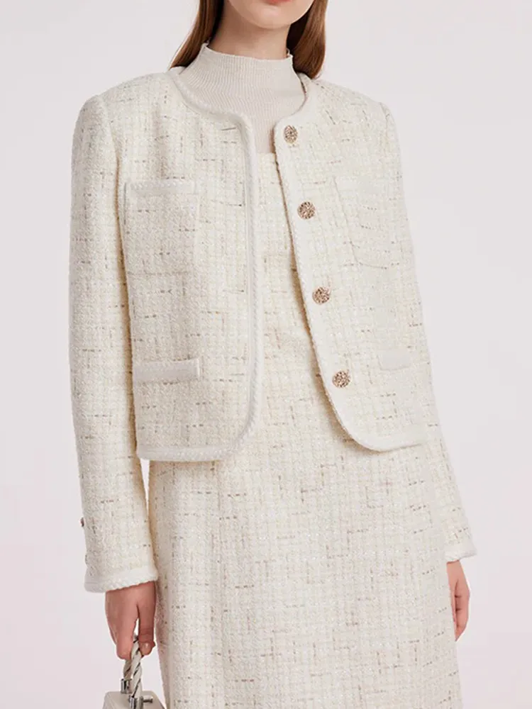 White Knitted Tweed Crop Jacket