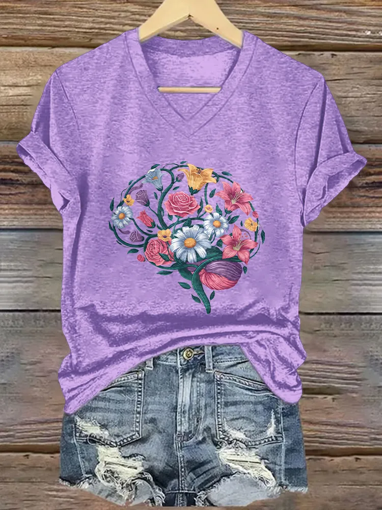 Women'S Flower-Printed Alzheimer'S Awareness V-Neck T-Shirt