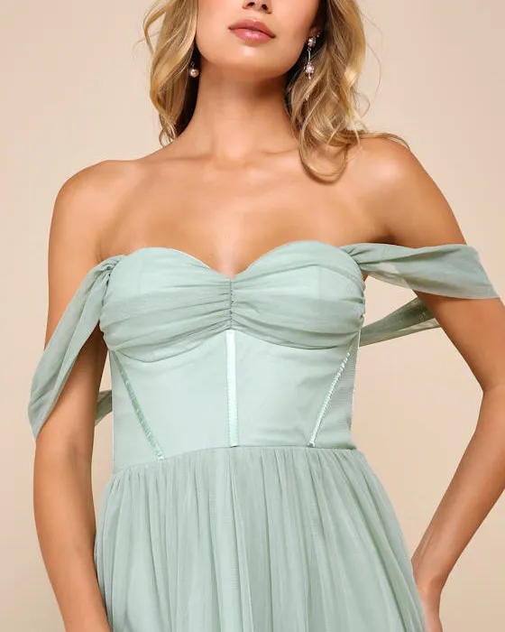 Stunning Personality Sage Green Mesh Off-the-Shoulder Maxi Dress
