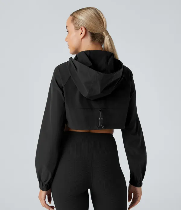 Hooded Adjustable Drawcord Half Zipper High Low Cropped Hiking Jacket