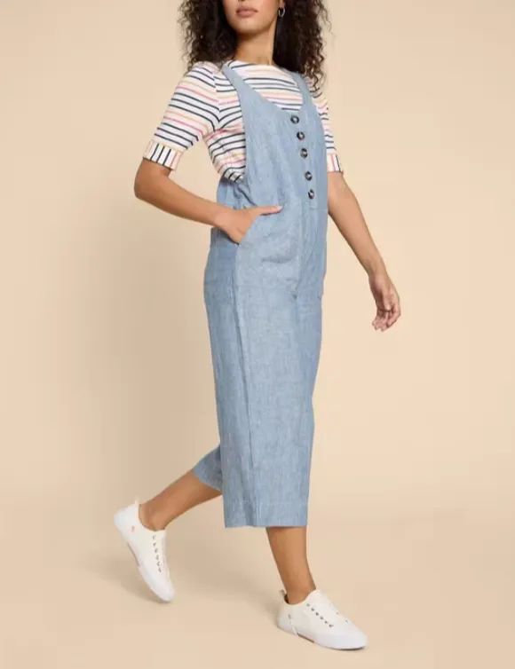 Viola Crop Linen Dungaree In Chambray Blue