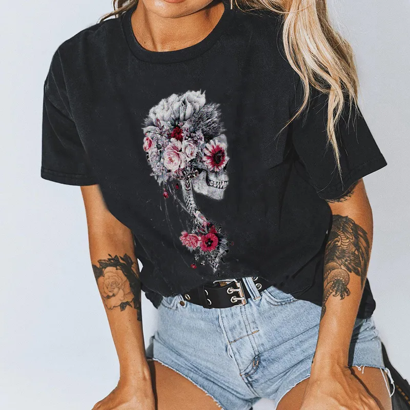 Skull dressed up with flowers printed designer T-shirt